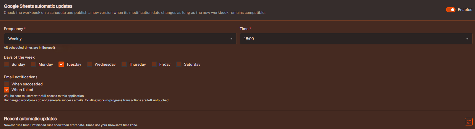 The Google Sheets automatic updates setting with a weekly schedule