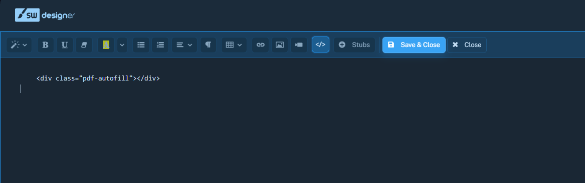 Advanced Label code editor containing the PDF AutoFill placeholder div