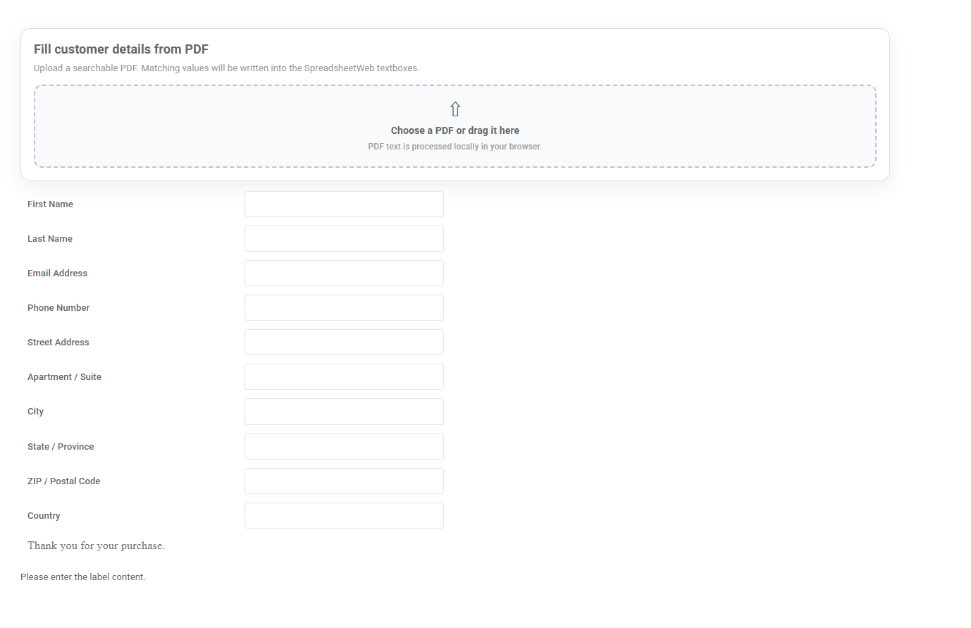SpreadsheetWeb application with a PDF upload area above blank customer information fields