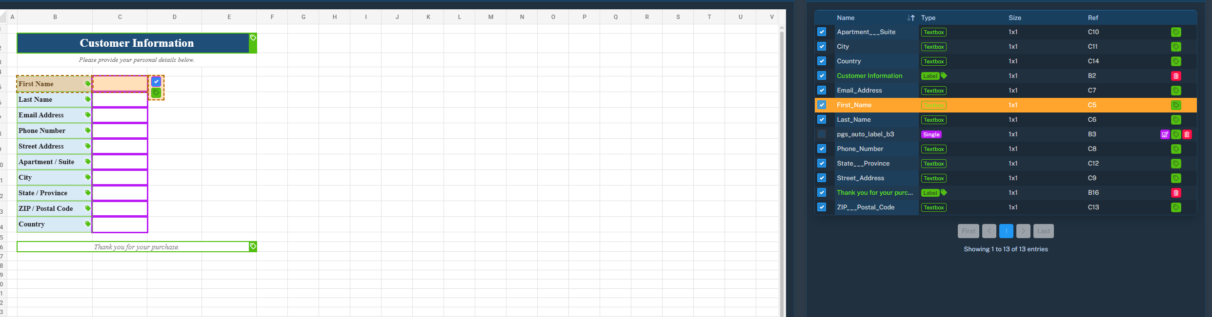 SpreadsheetWeb Designer showing customer information cells and their mapped Textbox controls