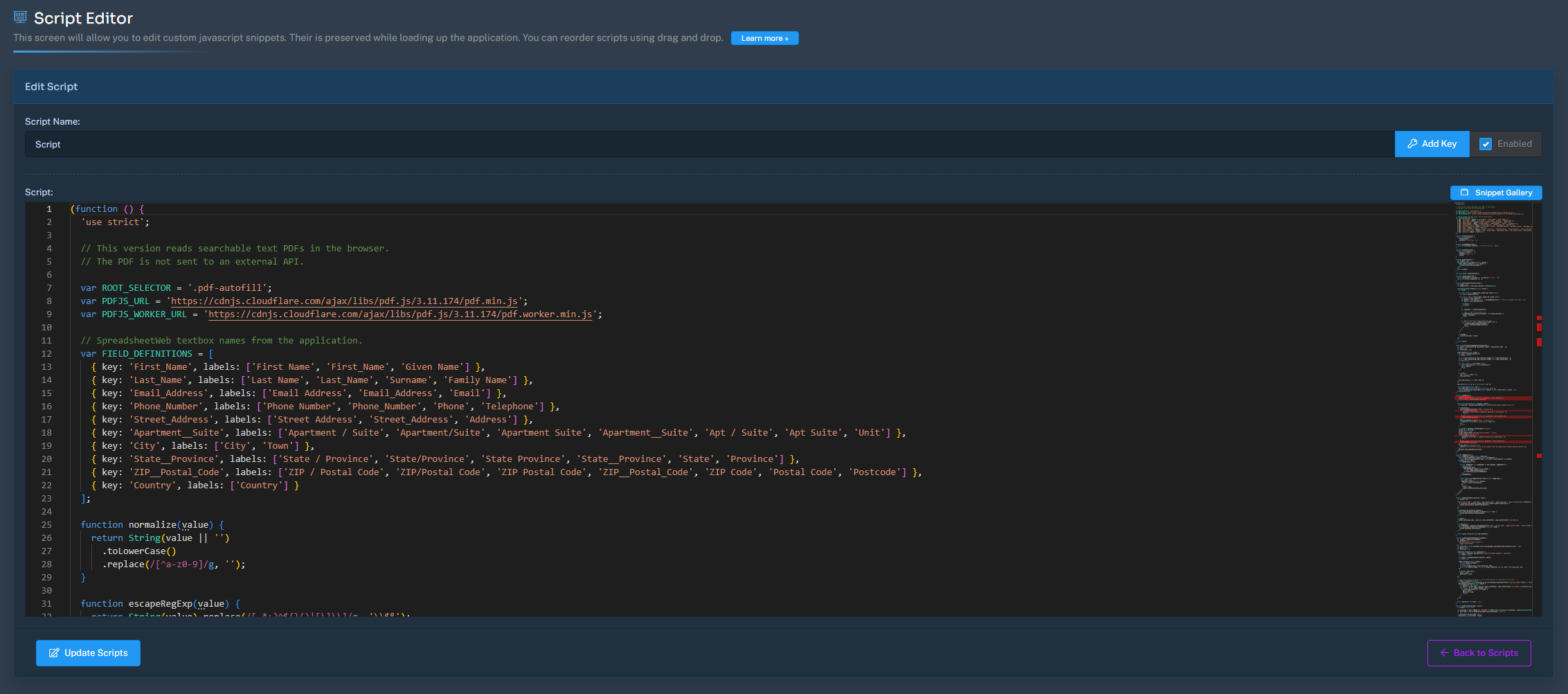 SpreadsheetWeb Script Editor containing the JavaScript PDF AutoFill implementation