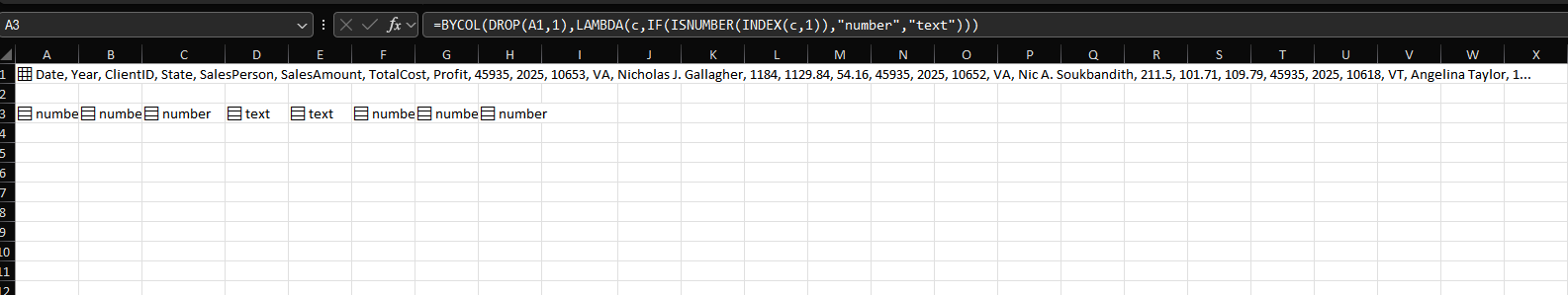 BYCOL formula identifying numeric and text values from the in-cell sales array