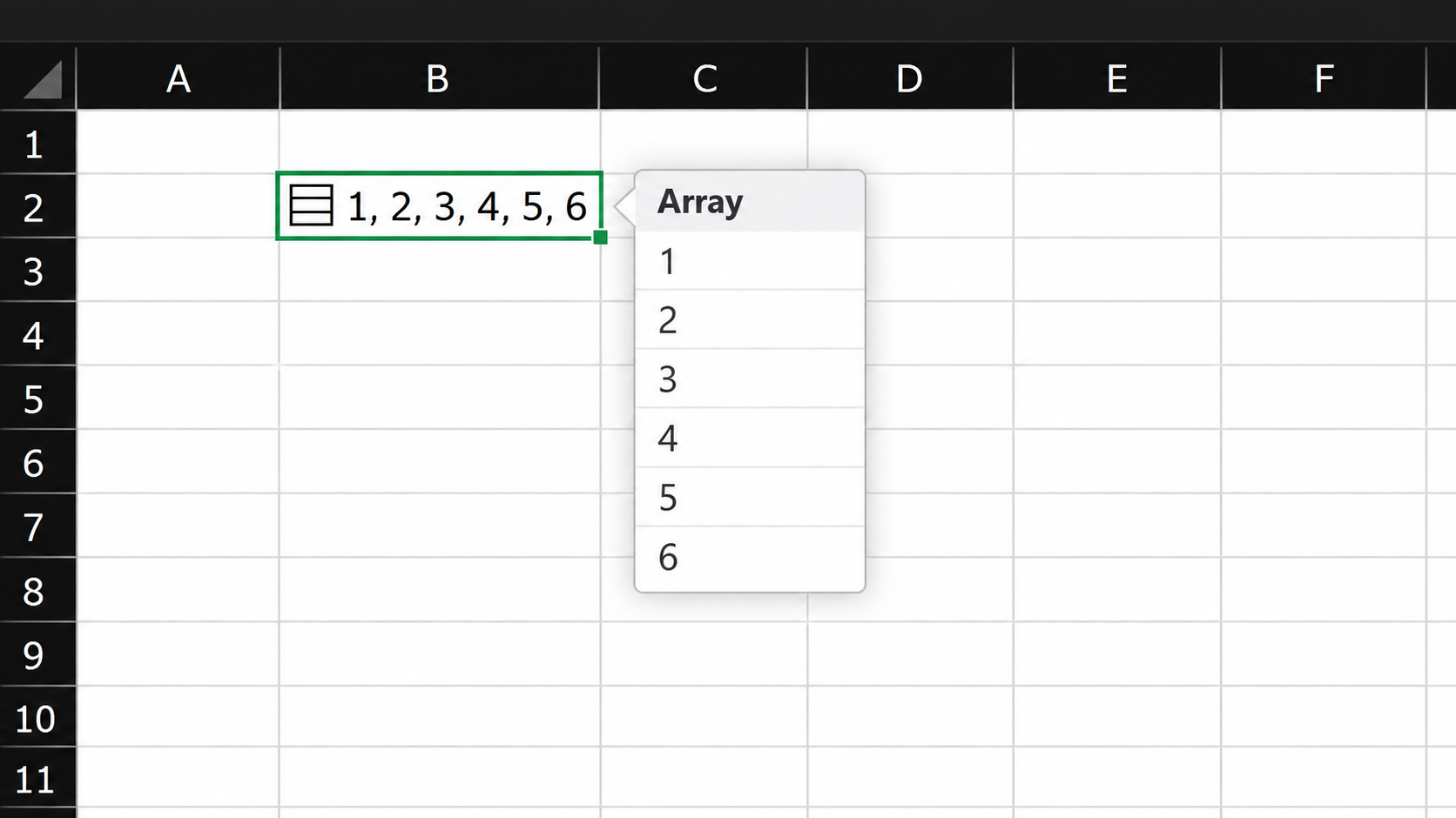 Excel worksheet showing six values previewed within a single array cell
