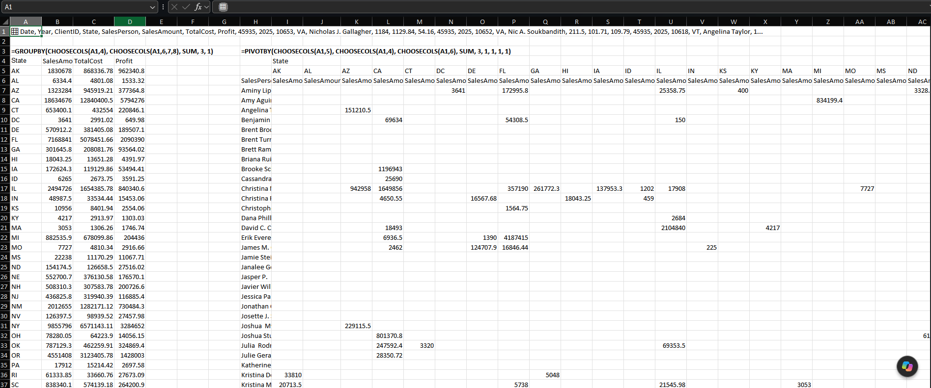 GROUPBY and PIVOTBY summaries calculated from the sales array stored in one cell