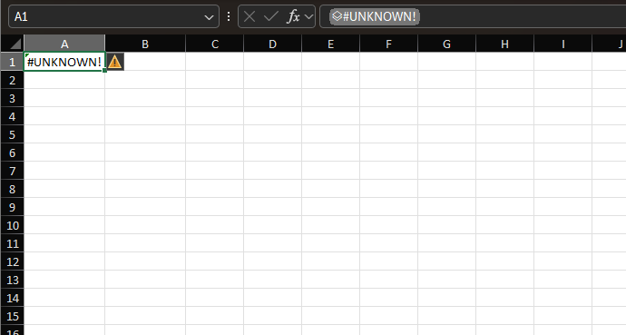 A non-Beta version of Excel displaying UNKNOWN for an in-cell array