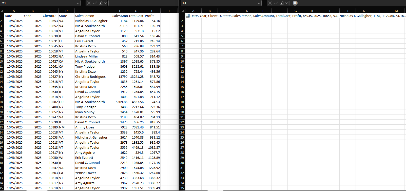 Original sales worksheet beside the same 12,785-row table stored in one Excel cell