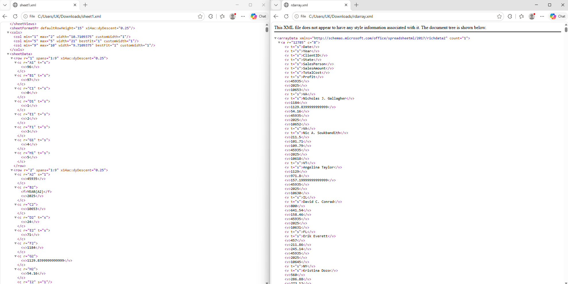 Unzipped Excel workbook parts comparing sheet1.xml with richData rdarray.xml