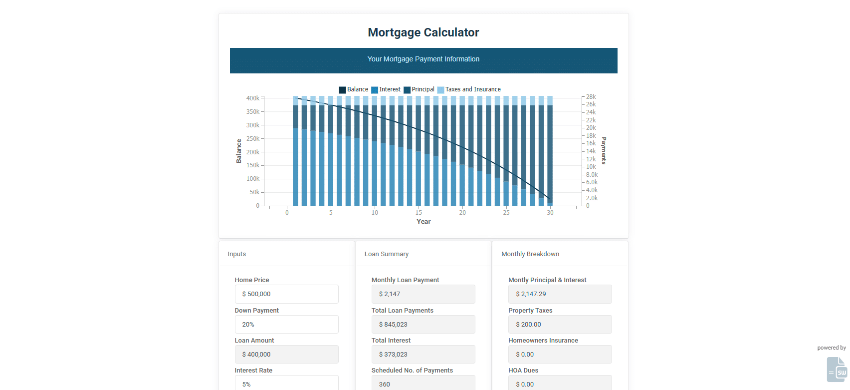 Mortgage loan calculator running as a SpreadsheetWeb application