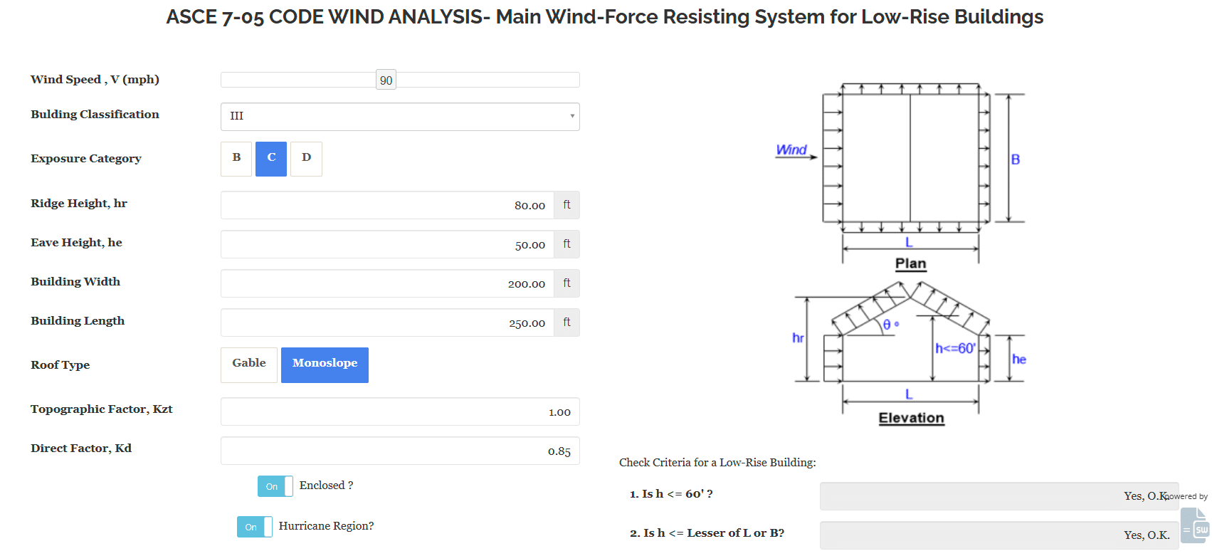 Wind load analysis running as a SpreadsheetWeb application