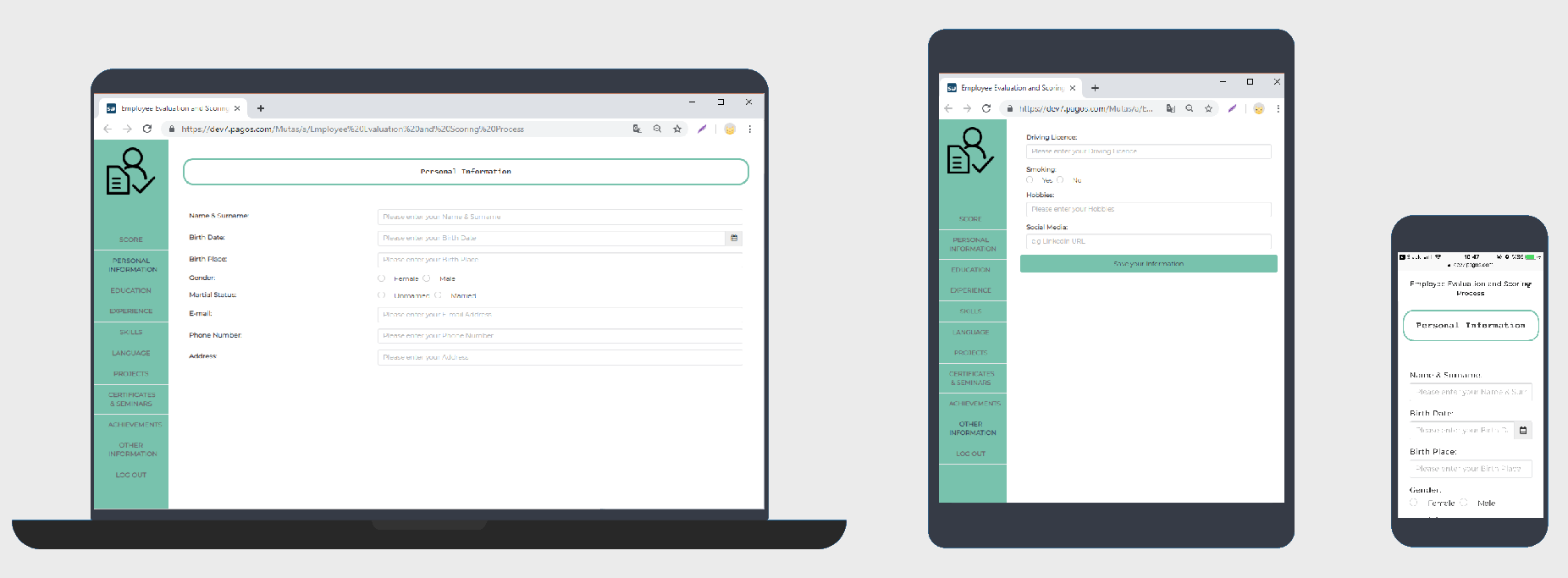 An employee evaluation and scoring questionnaire running on a laptop, tablet and phone