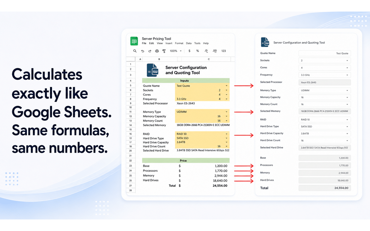 Google Sheet and published SpreadsheetWeb application shown side by side