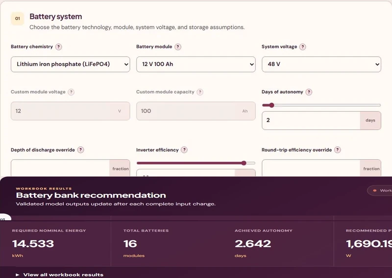Battery Sizing Calculator battery-system controls and storage sliders in the published example