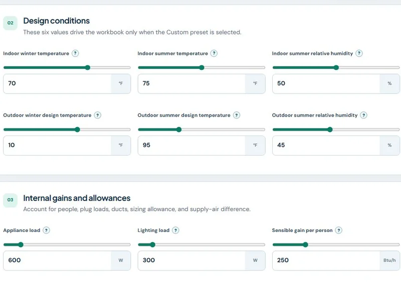 Heat Load Calculator design-condition and internal-gain sliders in the published IP example