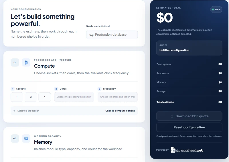 Server Pricing Tool guided configuration controls and itemized price estimate