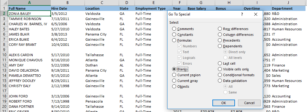 How to use the Go To feature to make Excel delete blank rows