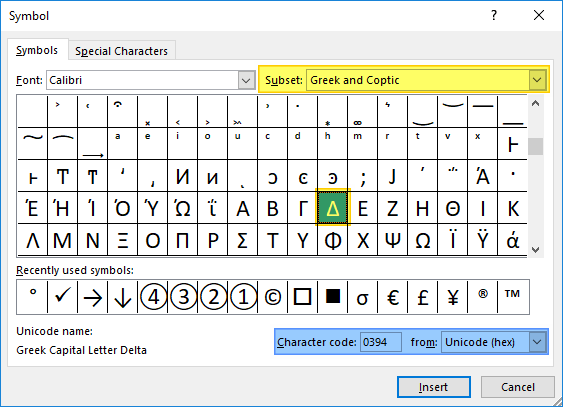 how to get greek letters in word 2016