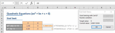 How to solve quadratic equations in Excel - Goal Seek