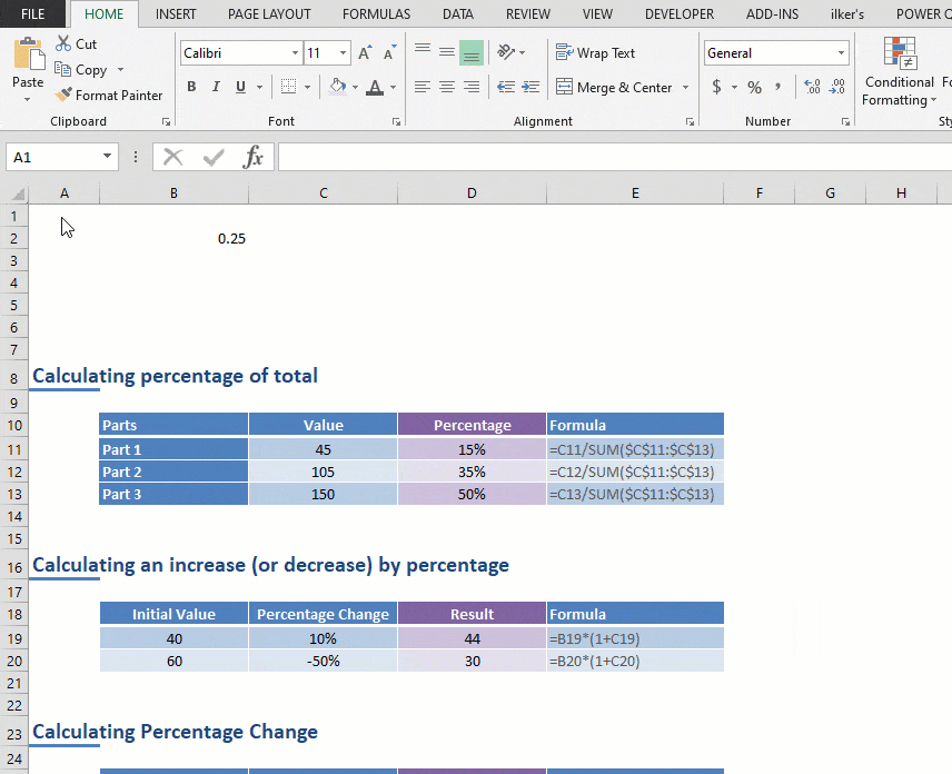 how to calculate percentage in excel