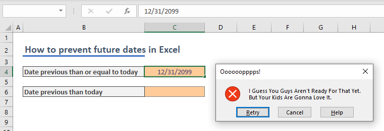 How to prevent future dates from being entered in Excel