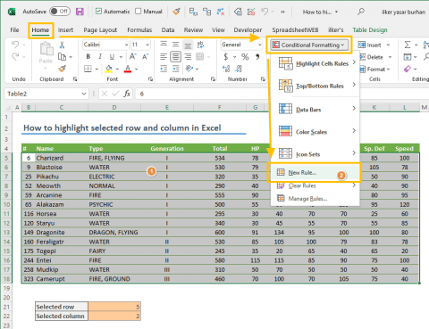 How to highlight selected row and column in Excel