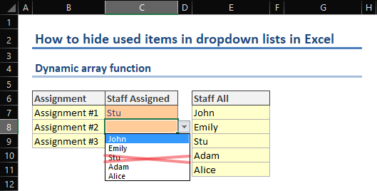 How to hide used items in dropdown lists in Excel