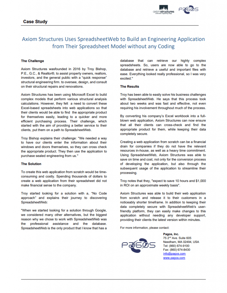 Axiom Structures Uses SpreadsheetWeb to Build an Engineering Application from Their Spreadsheet Model without any Coding