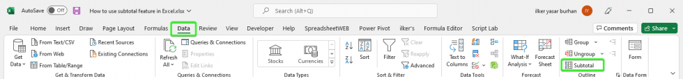 How to use subtotal feature in Excel