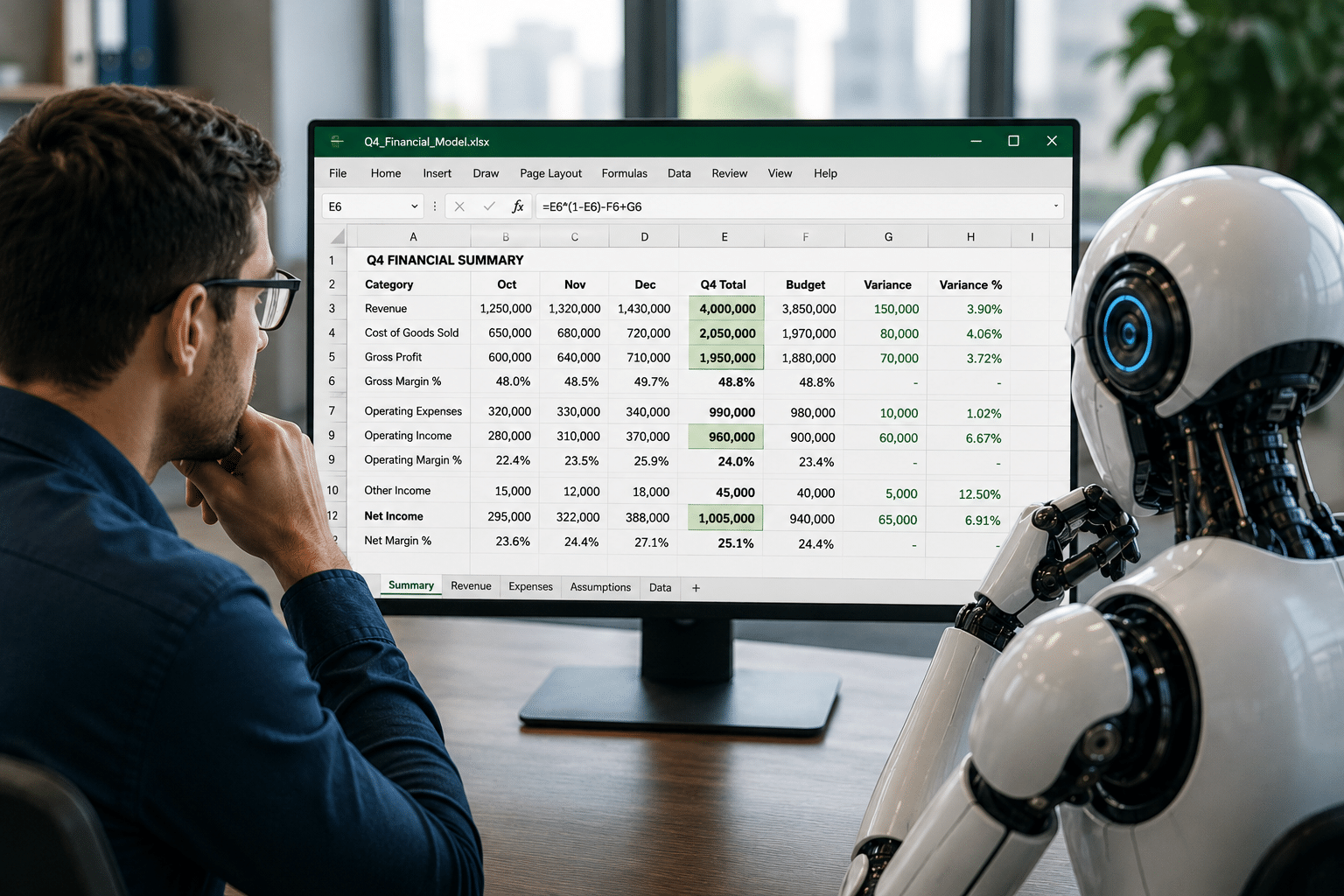 Human analyst and AI agent collaborating on a financial spreadsheet in Excel, reviewing business data, formulas, forecasts, and performance metrics on a shared computer screen.