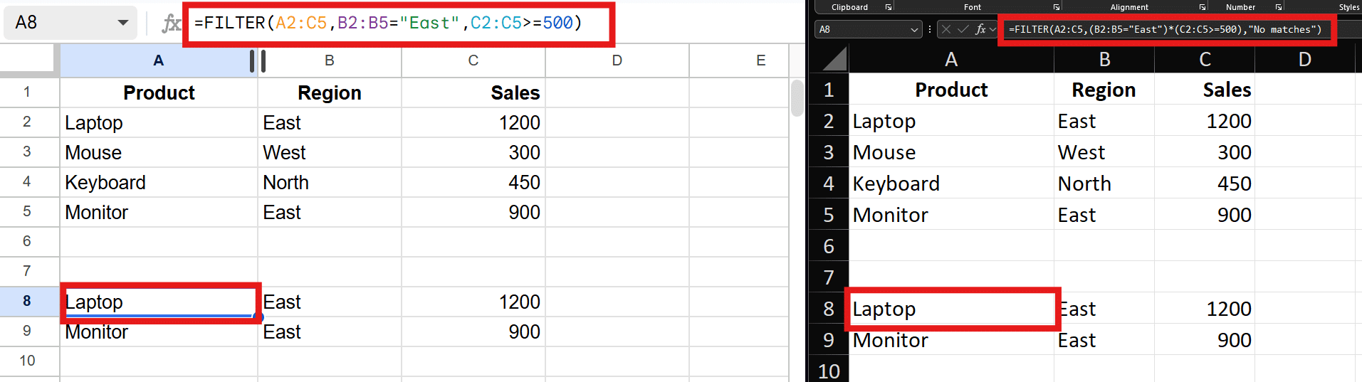 Example based on the “Filter rows by condition” entry in Section 6: Same Job, Different Formula — Cross-Platform Equivalents.