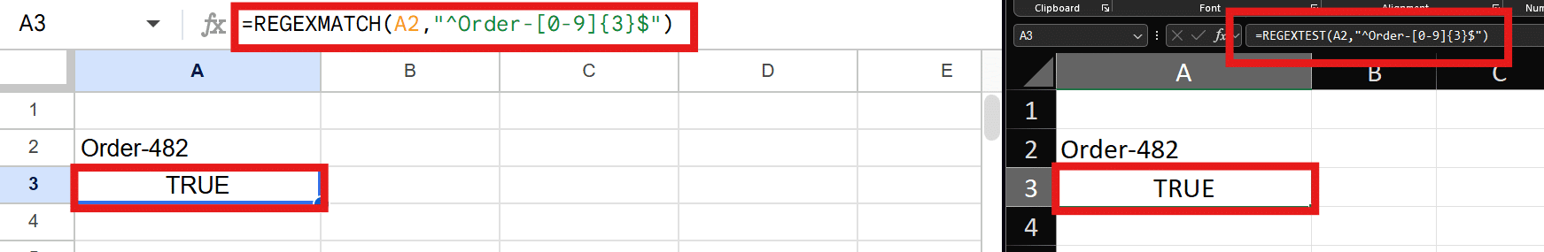 Example based on the “Test a regex match” entry in Section 6: Same Job, Different Formula — Cross-Platform Equivalents.