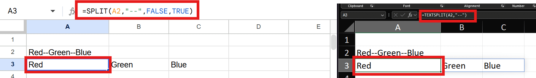 Example based on the “Split text” entry in Section 6: Same Job, Different Formula — Cross-Platform Equivalents.