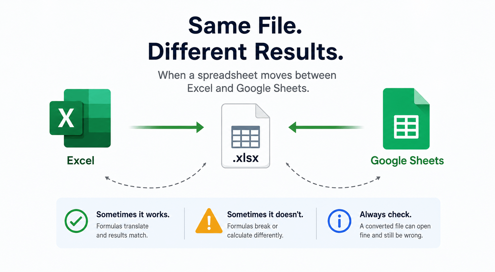 Illustration showing an Excel workbook moving between Microsoft Excel and Google Sheets, highlighting that the same spreadsheet can produce different formula results after conversion. The graphic emphasizes that some formulas translate correctly, others break, and some silently calculate different results.